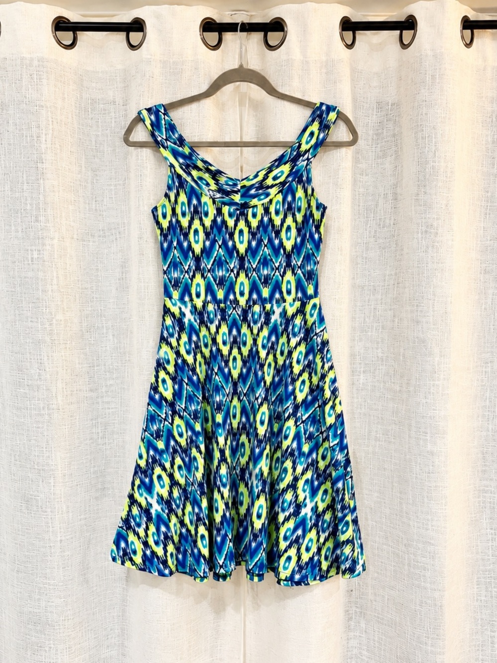 Derek Heart • Off Shoulder Blue & Lime Print Fit-and-Flare Dress